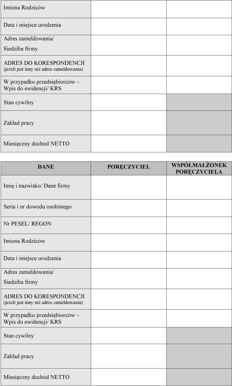 WSPÓŁMAŁŻONEK PORĘCZYCIELA Seria i nr dowodu osobistego Nr PESEL/ REGON  przypadku przedsiębiorców Wpis do ewidencji/ KRS Stan cywilny Zakład pracy