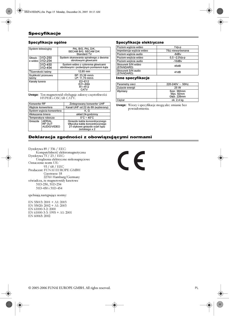 PAL B/G, PAL D/K, SECAM B/G, SECAM D/K Standard TV System skanowania spiralnego z dwoma obrotowymi głowicami System wideo z czterema głowicami obrotowymi i podwójnym pomiarem kąta 12,65 mm SP: 23,39