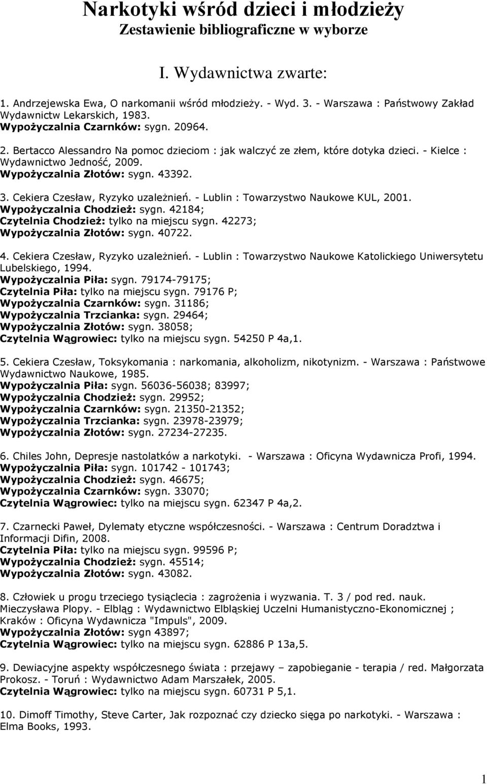 - Kielce : Wydawnictwo Jedność, 2009. Wypożyczalnia Złotów: sygn. 43392. 3. Cekiera Czesław, Ryzyko uzależnień. - Lublin : Towarzystwo Naukowe KUL, 2001. Wypożyczalnia Chodzież: sygn.