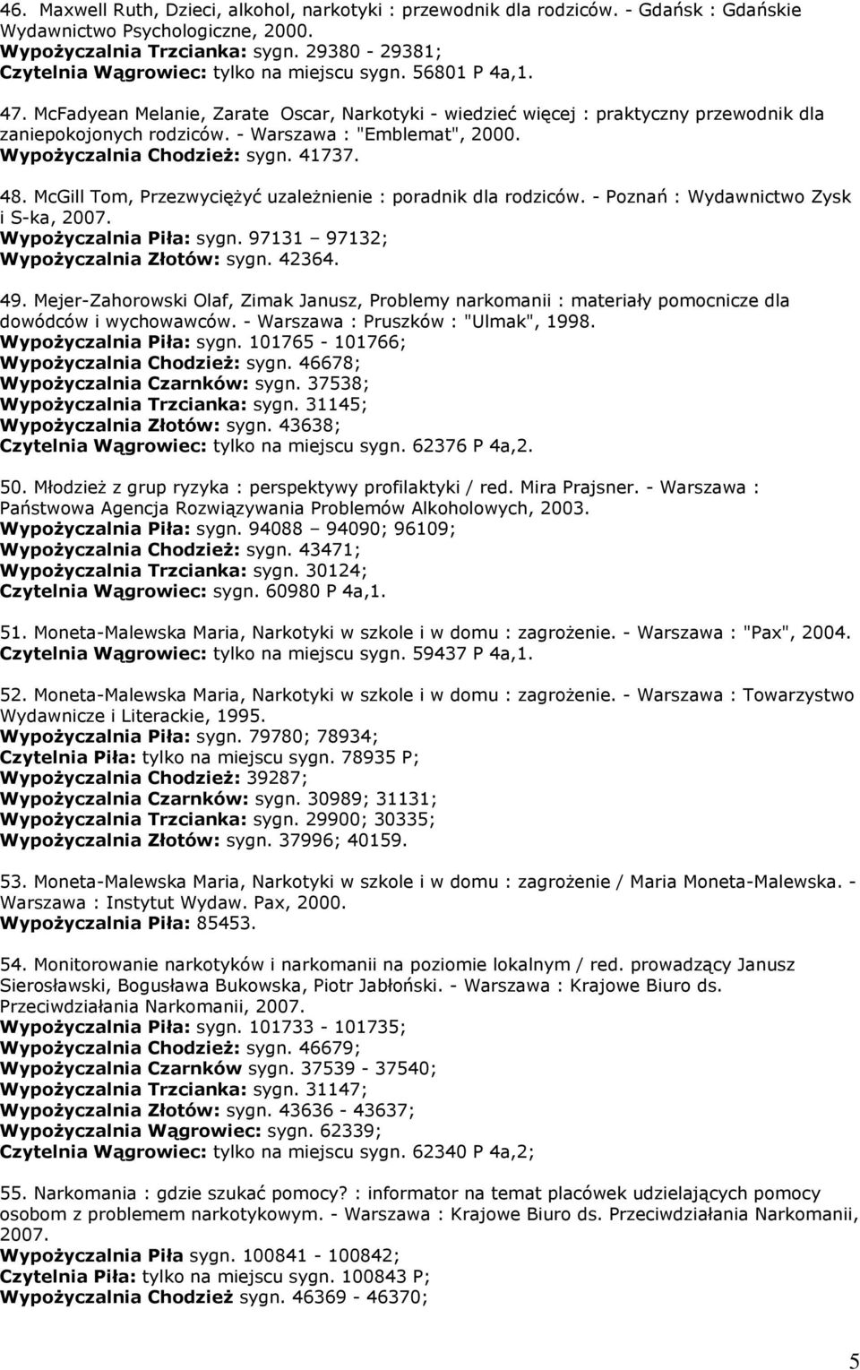 - Warszawa : "Emblemat", 2000. Wypożyczalnia Chodzież: sygn. 41737. 48. McGill Tom, Przezwyciężyć uzależnienie : poradnik dla rodziców. - Poznań : Wydawnictwo Zysk i S-ka, 2007.