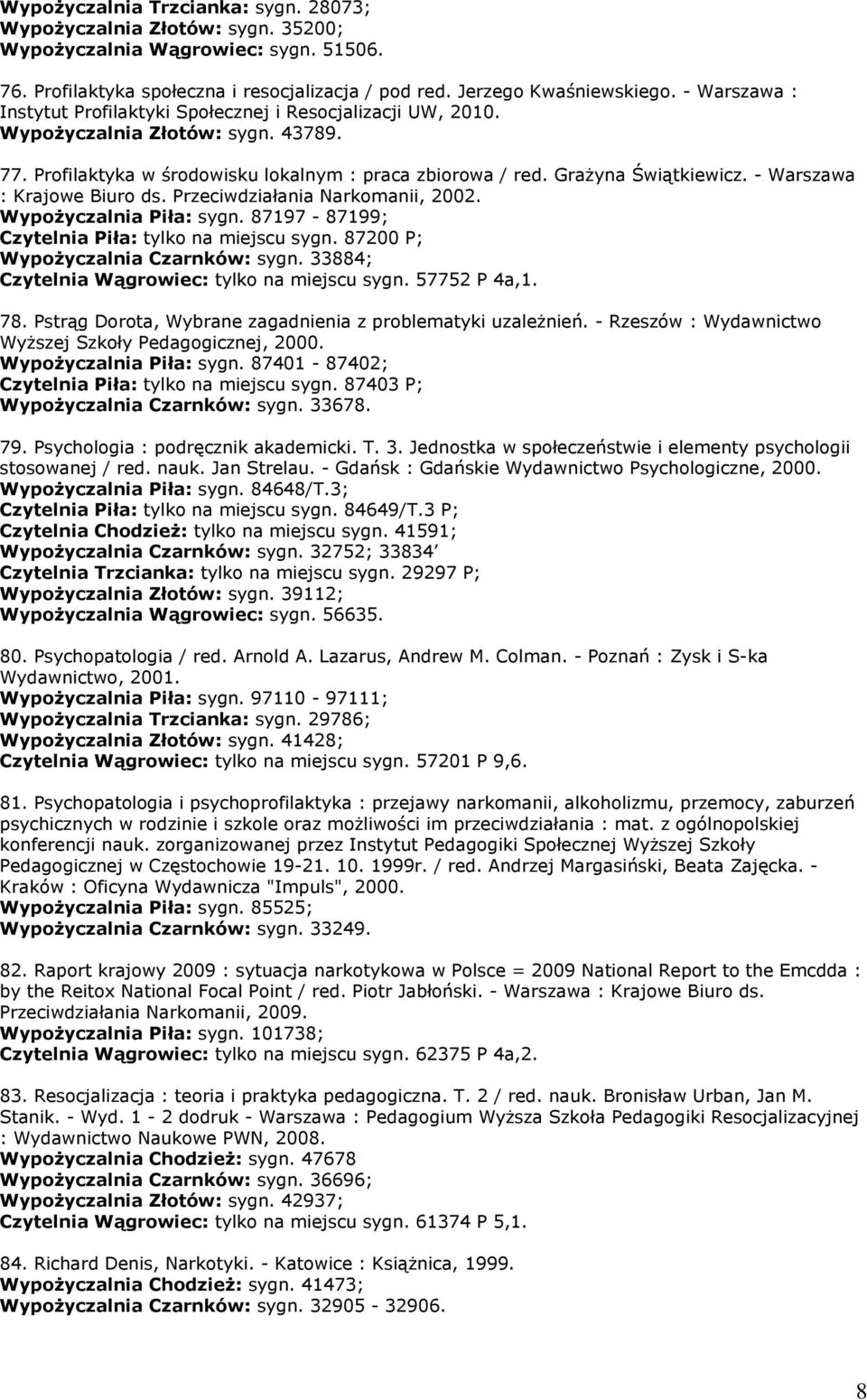 - Warszawa : Krajowe Biuro ds. Przeciwdziałania Narkomanii, 2002. Wypożyczalnia Piła: sygn. 87197-87199; Czytelnia Piła: tylko na miejscu sygn. 87200 P; Wypożyczalnia Czarnków: sygn.