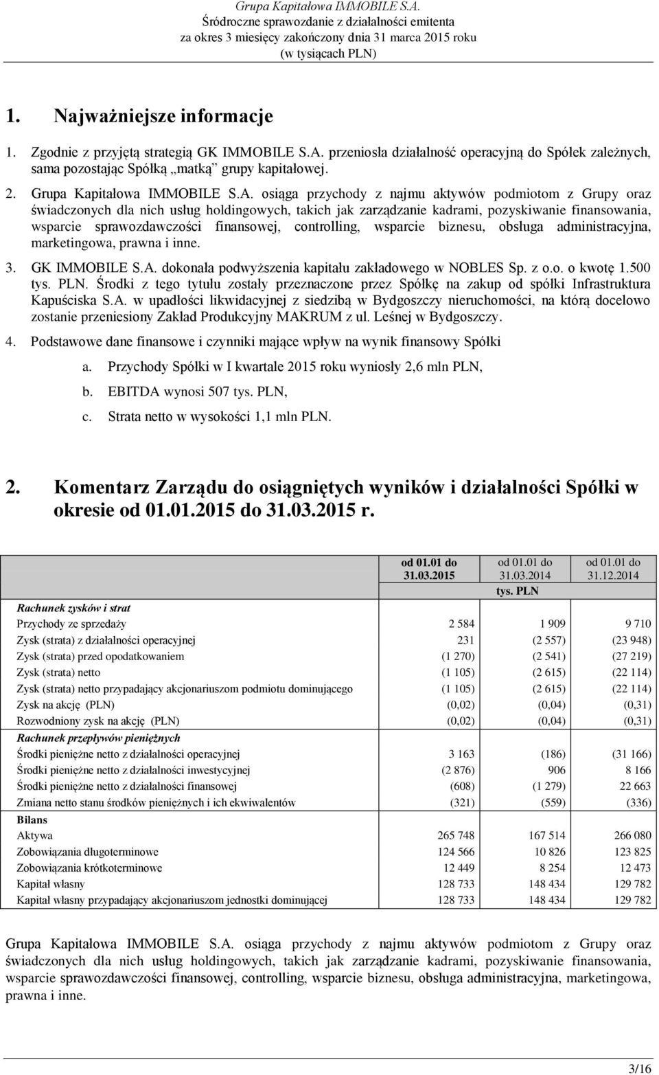 osiąga przychody z najmu aktywów podmiotom z Grupy oraz świadczonych dla nich usług holdingowych, takich jak zarządzanie kadrami, pozyskiwanie finansowania, wsparcie sprawozdawczości finansowej,