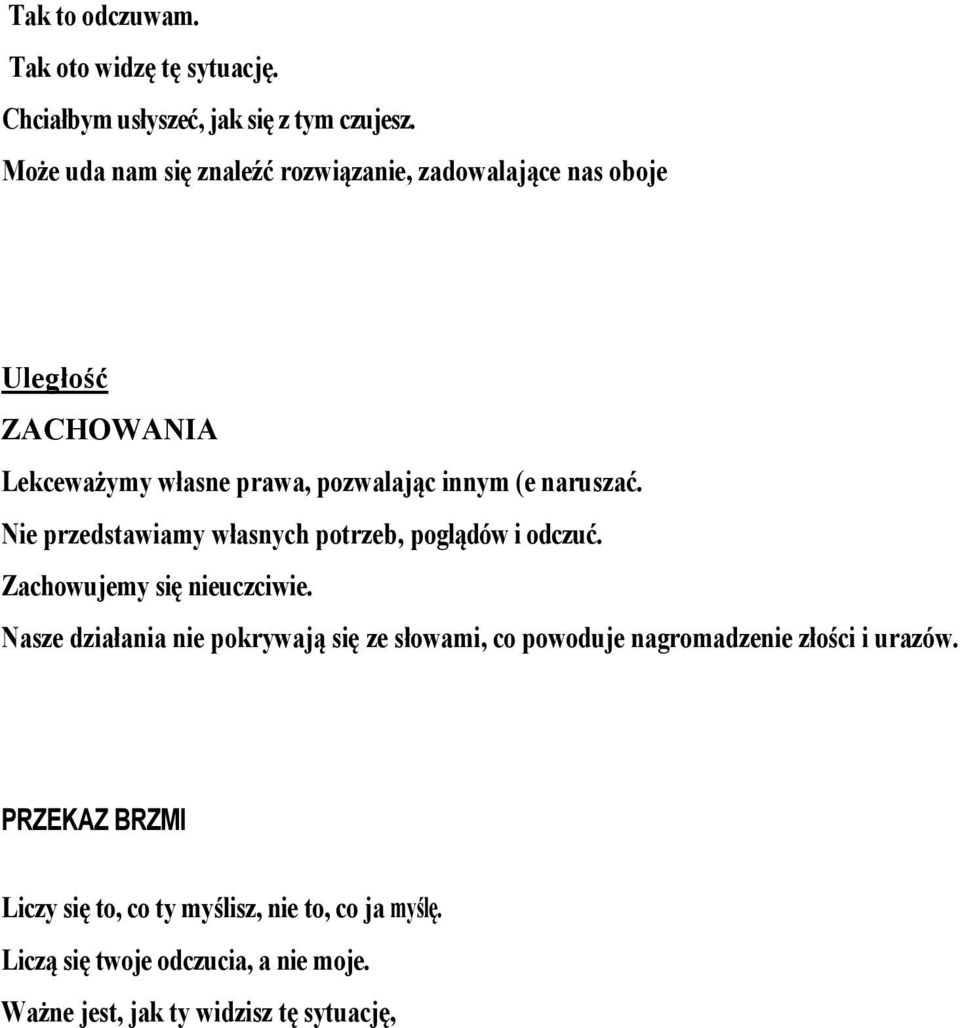naruszać. Nie przedstawiamy własnych potrzeb, poglądów i odczuć. Zachowujemy się nieuczciwie.