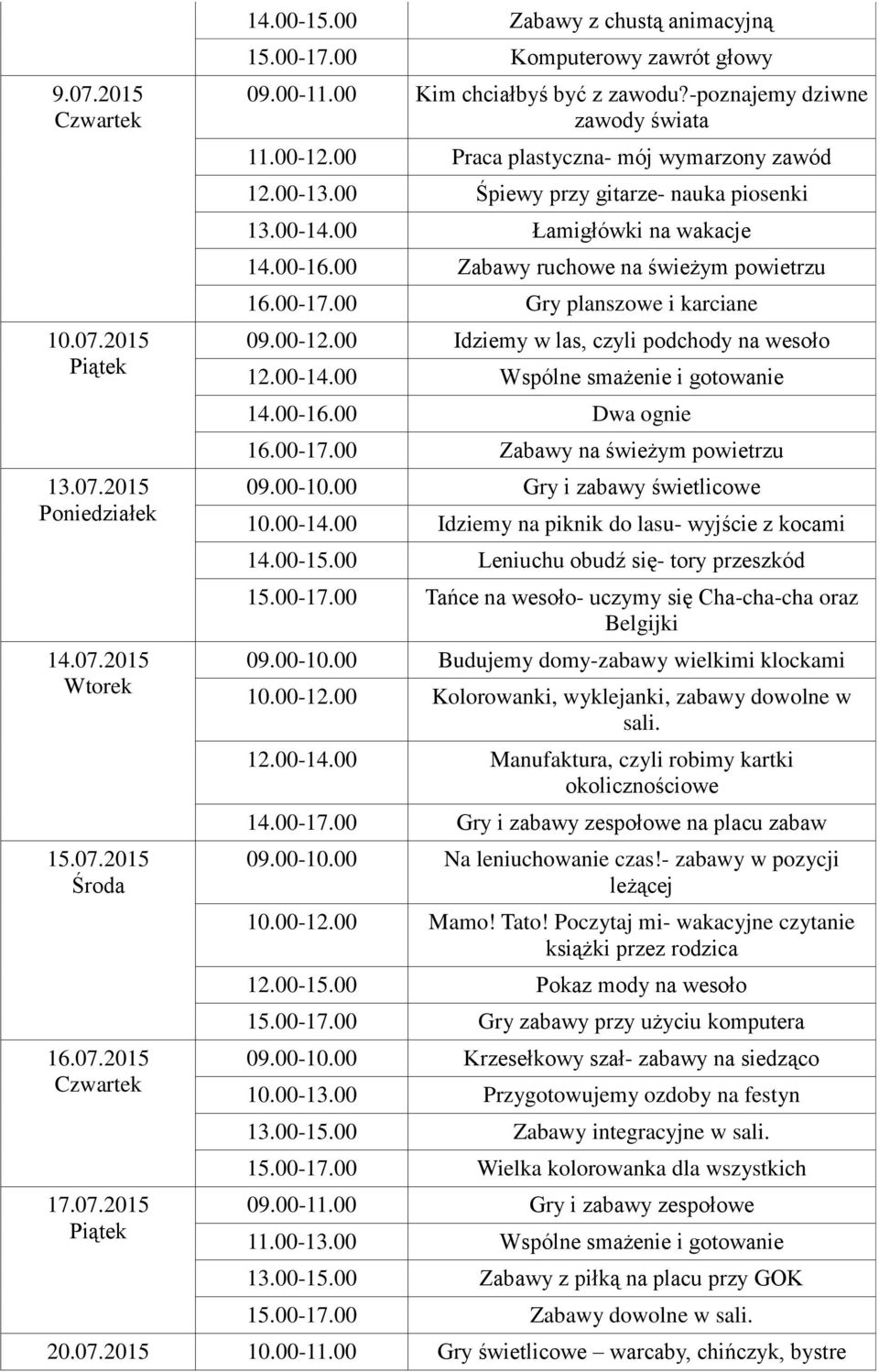 00 Zabawy ruchowe na świeżym powietrzu 16.00-17.00 Gry planszowe i karciane 09.00-12.00 Idziemy w las, czyli podchody na wesoło 12.00-14.00 Wspólne smażenie i gotowanie 14.00-16.00 Dwa ognie 16.00-17.00 Zabawy na świeżym powietrzu 09.