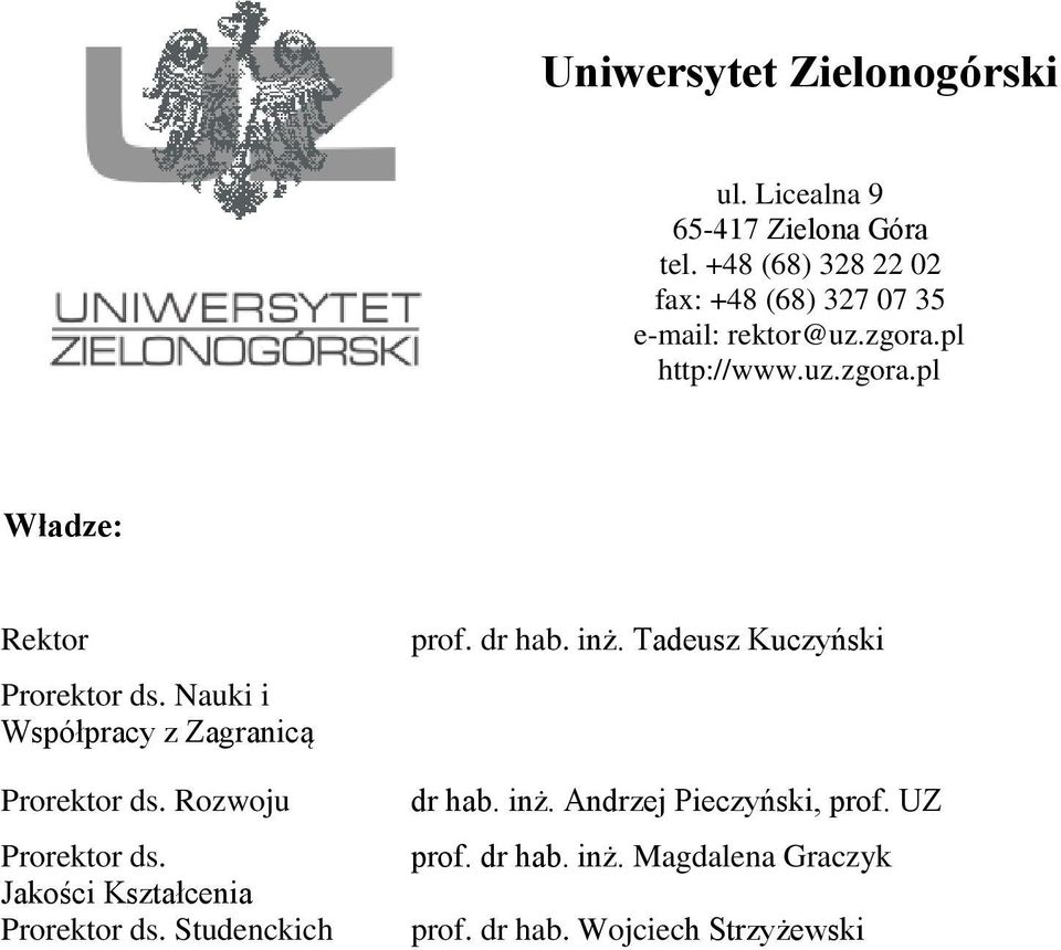 Nauki i Współpracy z Zagranicą Prorektor ds. Rozwoju Prorektor ds. Jakości Kształcenia Prorektor ds.