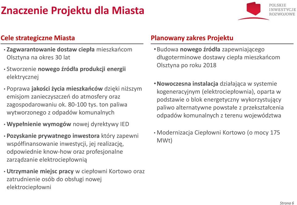 ton paliwa wytworzonego z odpadów komunalnych Wypełnienie wymogów nowej dyrektywy IED Pozyskanie prywatnego inwestora który zapewni współfinansowanie inwestycji, jej realizację, odpowiednie know-how