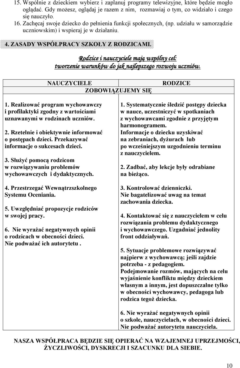 Rodzice i nauczyciele mają wspólny cel: tworzenie warunków do jak najlepszego rozwoju uczniów. NAUCZYCIELE ZOBOWIĄZUJEMY SIĘ RODZICE 1.