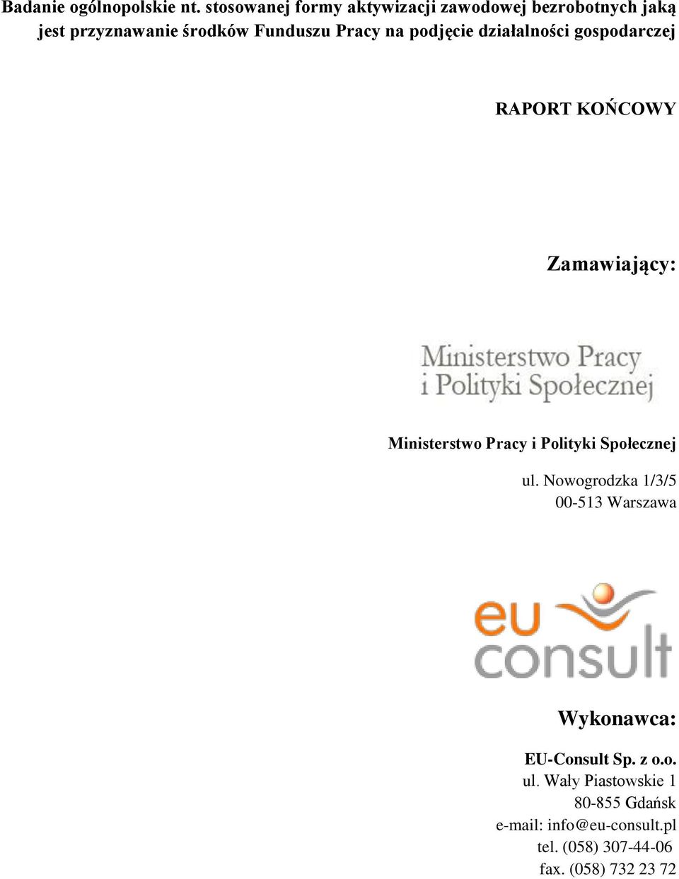 podjęcie działalności gospodarczej RAPORT KOŃCOWY Zamawiający: Ministerstwo Pracy i Polityki