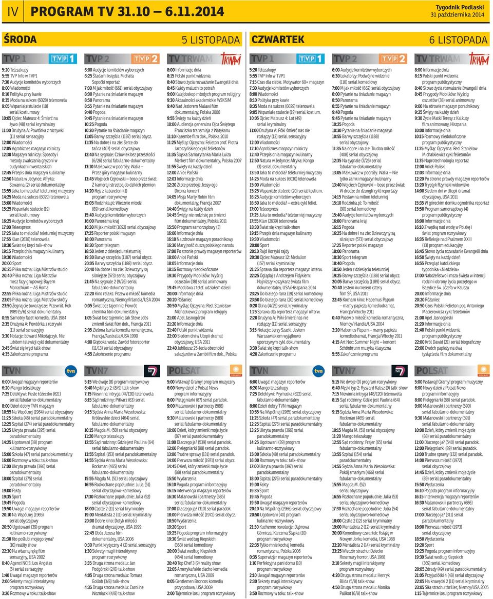 8:00 Wiadomości 8:10 Polityka przy kawie 8:35 Moda na sukces (6028) telenowela 9:05 Wspaniałe stulecie (18) serial kostiumowy 10:05 Ojciec Mateusz 4: Śmierć na żywo (48) serial kryminalny 11:00