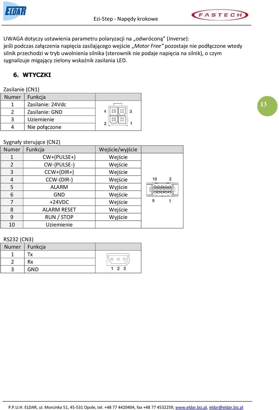 WTYCZKI Zasilanie (CN1) Numer Funkcja 1 Zasilanie: 24Vdc 2 Zasilanie: GND 3 Uziemienie 4 Nie połączone 13 Sygnały sterujące (CN2) Numer Funkcja Wejście/wyjście 1 CW+(PULSE+)