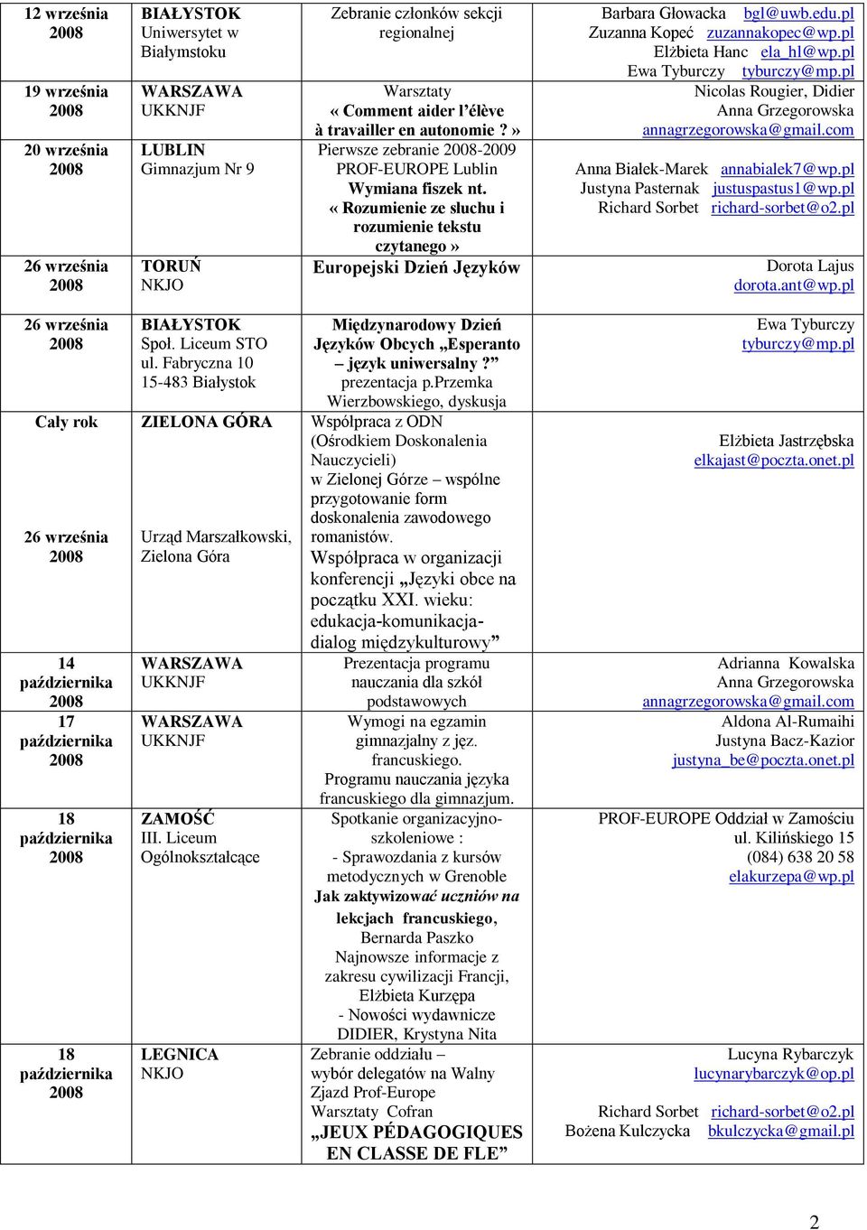 pl Elżbieta Hanc ela_hl@wp.pl Ewa Tyburczy tyburczy@mp.pl Nicolas Rougier, Didier Dorota Lajus dorota.ant@wp.pl 26 września Cały rok 26 września 14 17 18 18 BIAŁYSTOK Społ. Liceum STO ul.