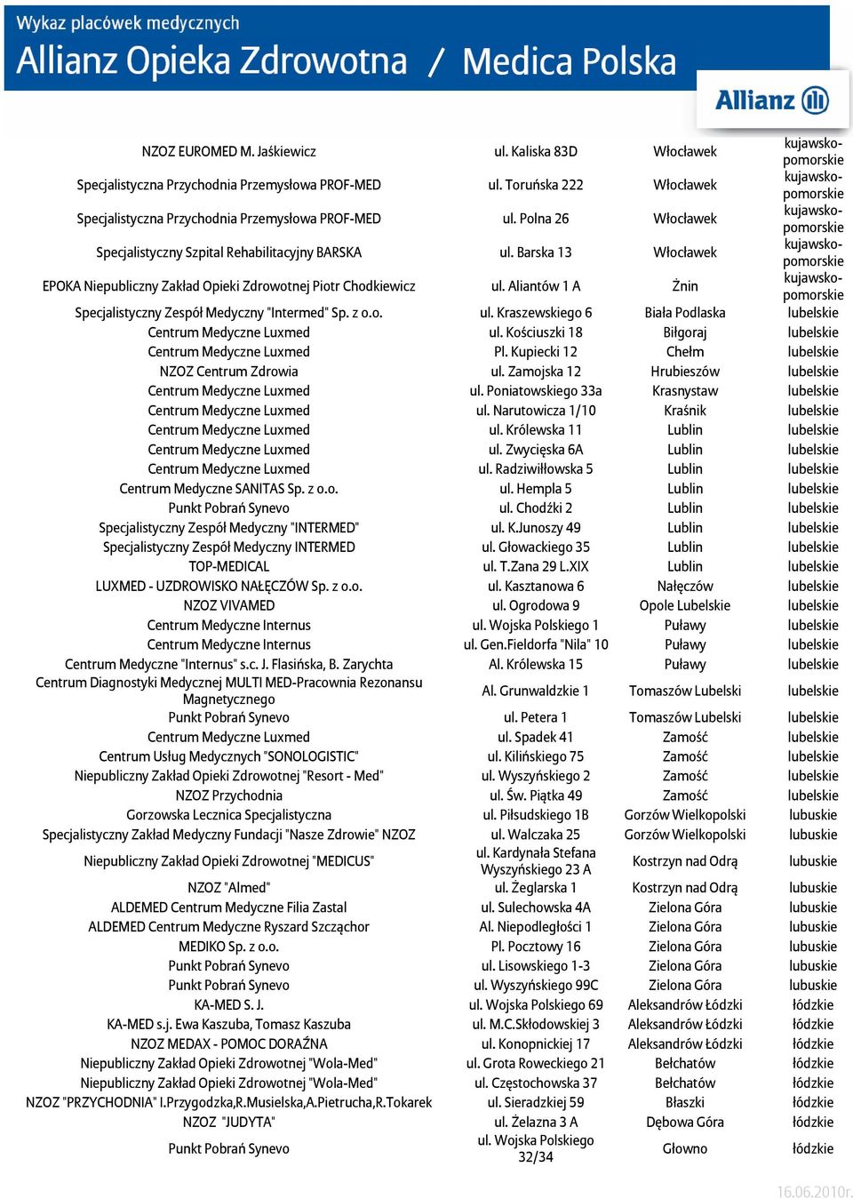 Aliantów 1 A Żnin Specjalistyczny Zespół Medyczny "Intermed" Sp. z o.o. ul. Kraszewgo 6 Biała Podlaska lubel Centrum Medyczne Luxmed ul. Kościuszki 18 Biłgoraj lubel Centrum Medyczne Luxmed Pl.