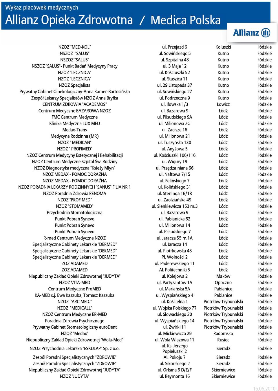 29 Listopada 37 Kutno łódzkie Prywatny Gabinet Ginekologiczny-Anna Kamer-Bartosińska ul. Sowińgo 27 Kutno łódzkie Zespół Lekarzy Specjalistów NZOZ Anna Bryłka ul.