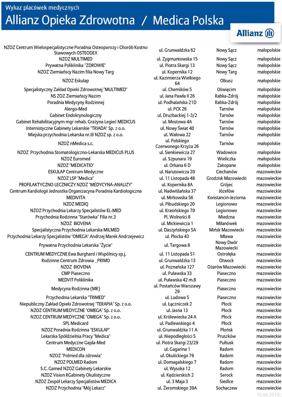 Kazimierza Wielkiego 64 Olkusz małopol Specjalistyczny Zakład Opieki Zdrowotnej "MULTIMED" ul. Chemików 5 Oświęcim małopol NS ZOZ Ziemiańscy Nazim ul.