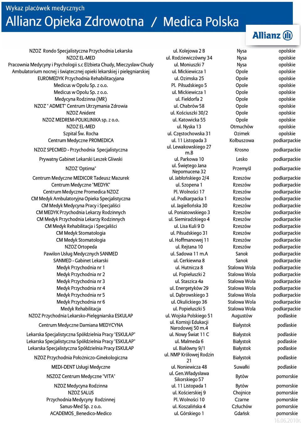 z o.o. Pl. Piłsudgo 5 Opole opol Medicus w Opolu Sp. z o.o. ul. Mickiewicza 1 Opole opol Medycyna Rodzinna (MR) ul. Fieldorfa 2 Opole opol NZOZ " ADMET" Centrum Utrzymania Zdrowia ul.