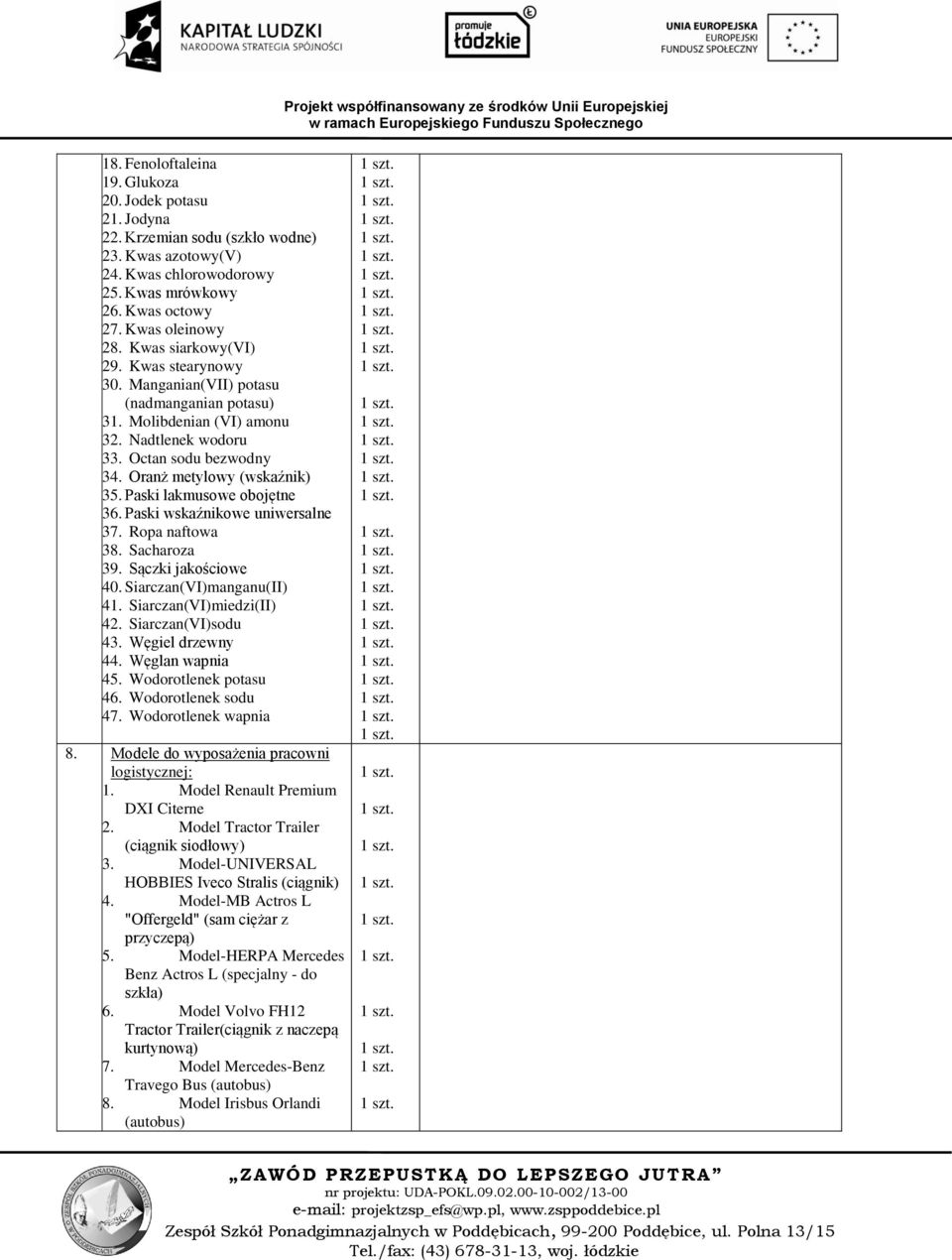 Paski lakmusowe obojętne 36. Paski wskaźnikowe uniwersalne 37. Ropa naftowa 38. Sacharoza 39. Sączki jakościowe 40. Siarczan(VI)manganu(II) 41. Siarczan(VI)miedzi(II) 42. Siarczan(VI)sodu 43.