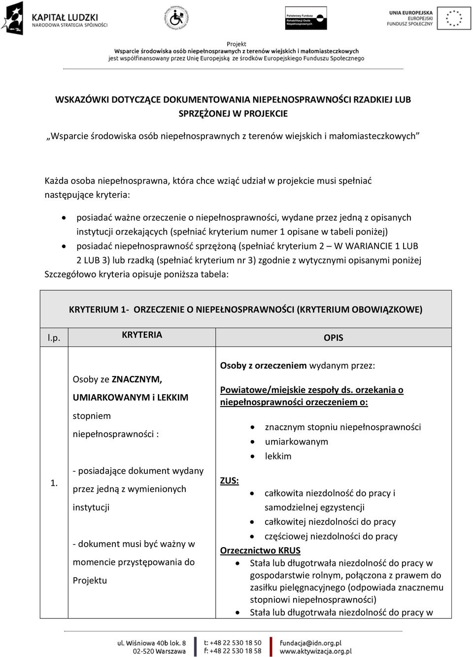 (spełniad kryterium numer 1 opisane w tabeli poniżej) posiadad niepełnosprawnośd sprzężoną (spełniad kryterium 2 W WARIANCIE 1 LUB 2 LUB 3) lub rzadką (spełniad kryterium nr 3) zgodnie z wytycznymi