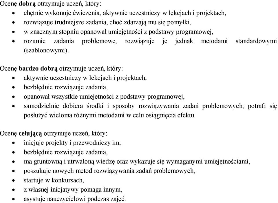 Ocenę bardzo dobrą otrzymuje uczeń, który: aktywnie uczestniczy w lekcjach i projektach, bezbłędnie rozwiązuje zadania, opanował wszystkie umiejętności z podstawy programowej, samodzielnie dobiera