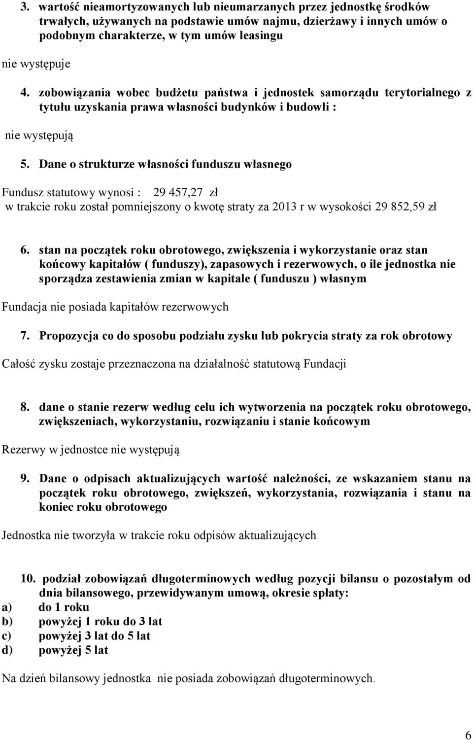 Dane o strukturze własności funduszu własnego Fundusz statutowy wynosi : 29 457,27 zł w trakcie roku został pomniejszony o kwotę straty za 2013 r w wysokości 29 852,59 zł 6.