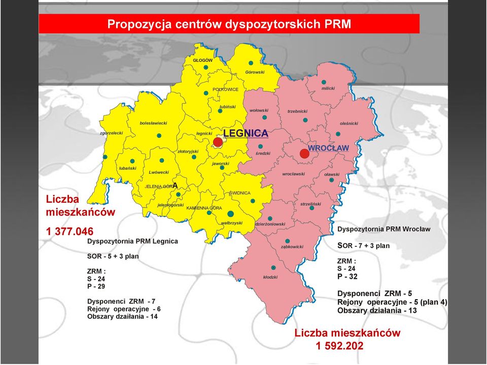 046 Dyspozytornia PRM Legnica SOR - 5 + 3 plan ZRM : S - 24 P - 29 JELENIA GÓRA Dysponenci ZRM - 7 Rejony operacyjne - 6 Obszary dzaiłania - 14 jeleniogórski