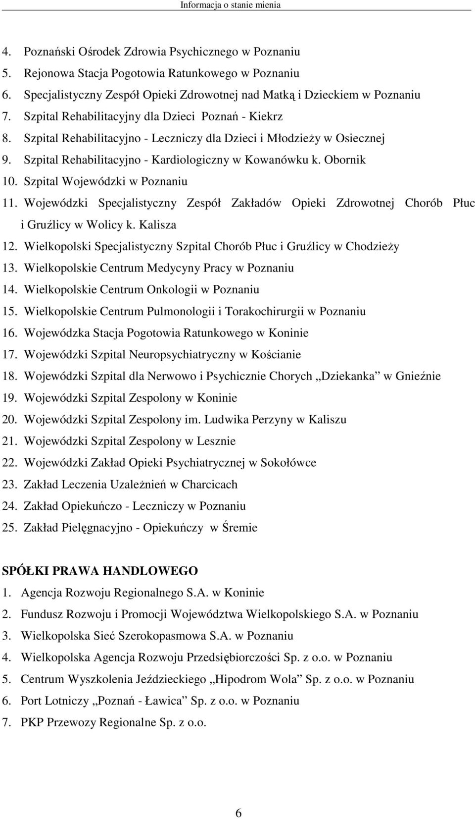 Szpital Rehabilitacyjno - Leczniczy dla Dzieci i Młodzieży w Osiecznej 9. Szpital Rehabilitacyjno - Kardiologiczny w Kowanówku k. Obornik 10. Szpital Wojewódzki w Poznaniu 11.