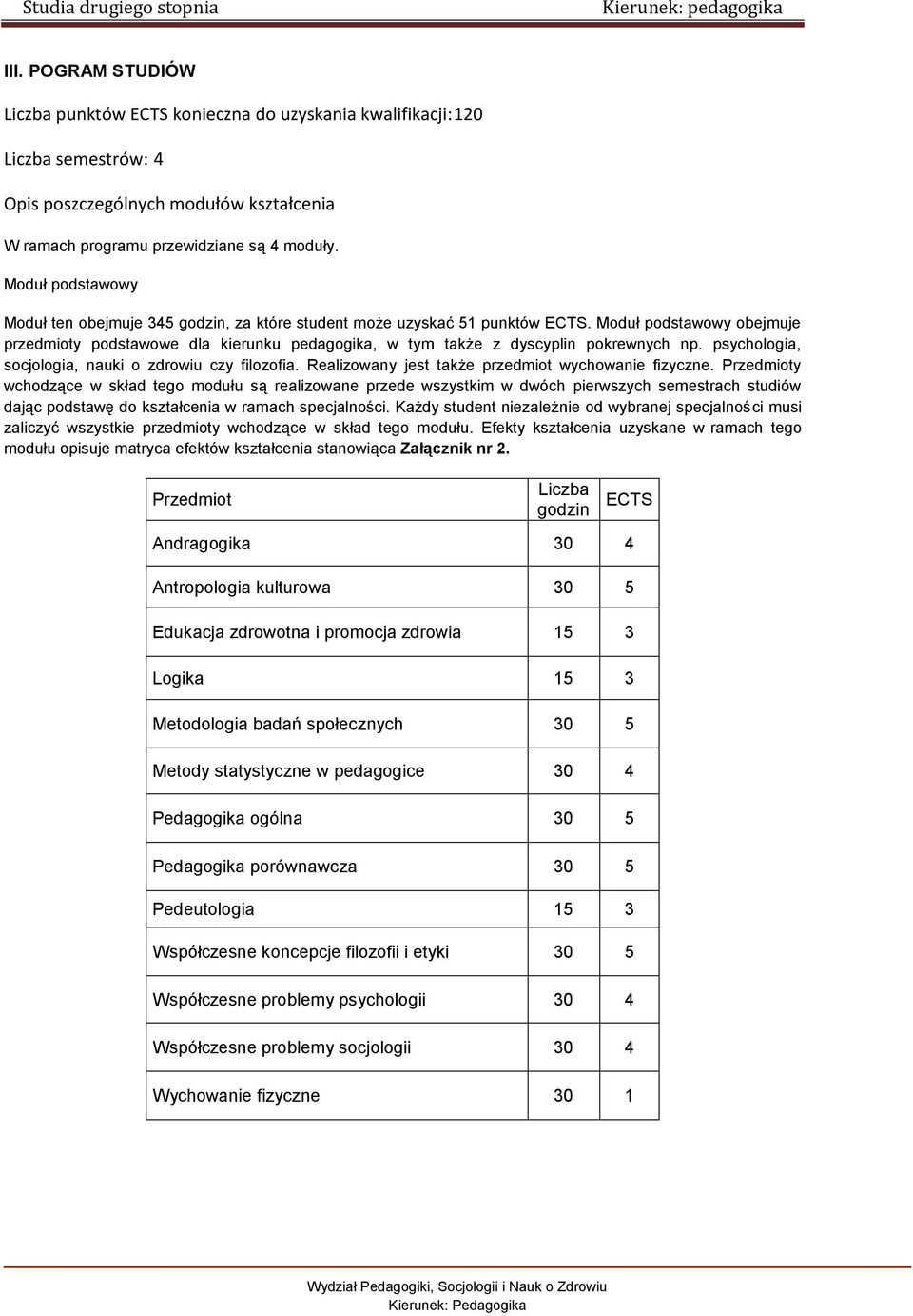 Moduł podstawowy obejmuje przedmioty podstawowe dla kierunku pedagogika, w tym także z dyscyplin pokrewnych np. psychologia, socjologia, nauki o zdrowiu czy filozofia.