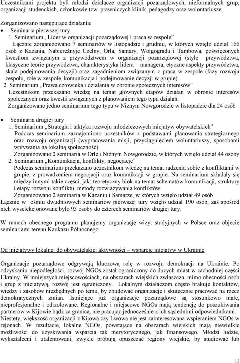 Seminarium Lider w organizacji pozarządowej i praca w zespole Łącznie zorganizowano 7 seminariów w listopadzie i grudniu, w których wzięło udział 166 osób z Kazania, Nabiereżnyje Czelny, Orła,