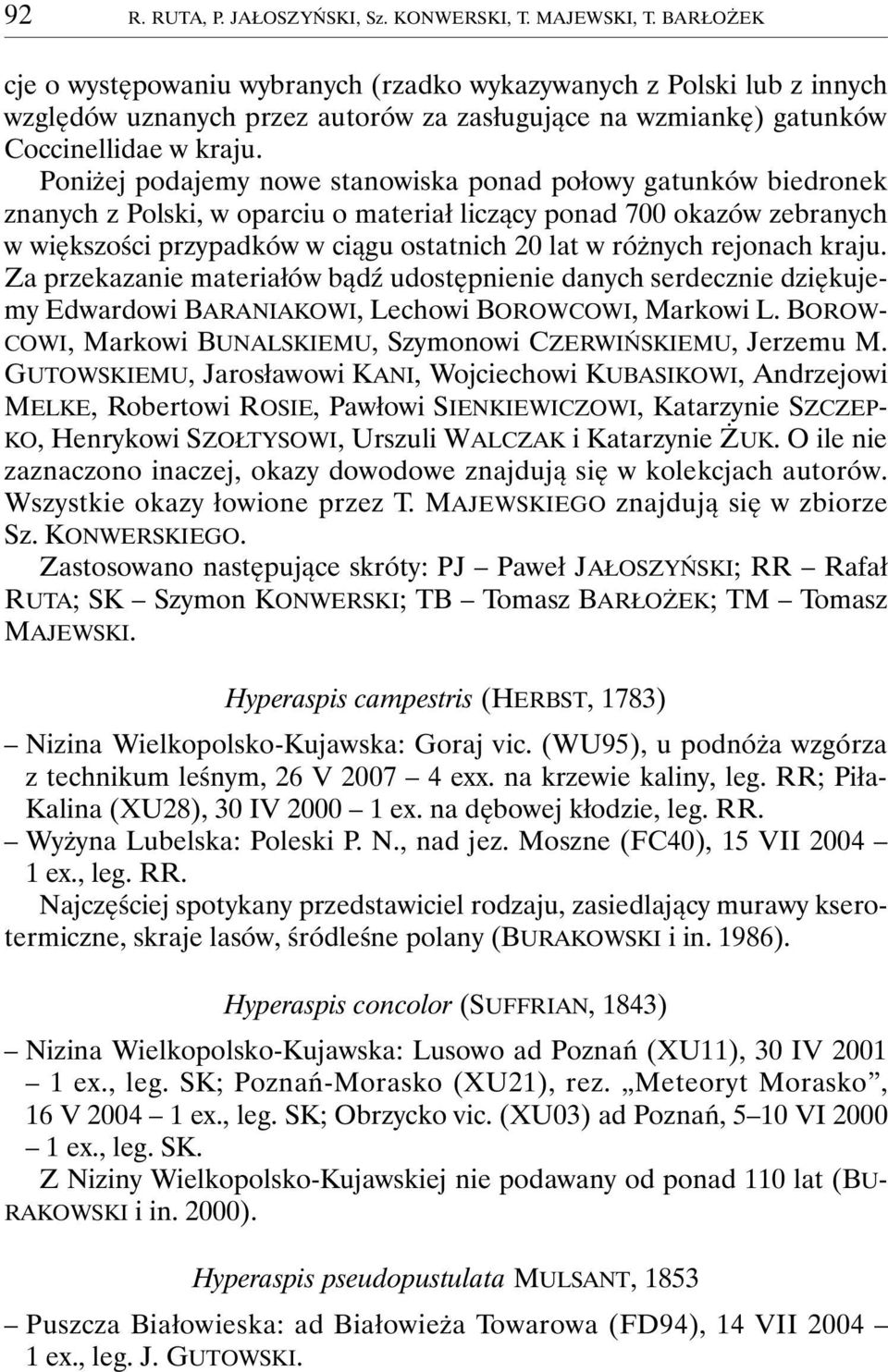 Poniżej podajemy nowe stanowiska ponad połowy gatunków biedronek znanych z Polski, w oparciu o materiał liczący ponad 700 okazów zebranych w większości przypadków w ciągu ostatnich 20 lat w różnych