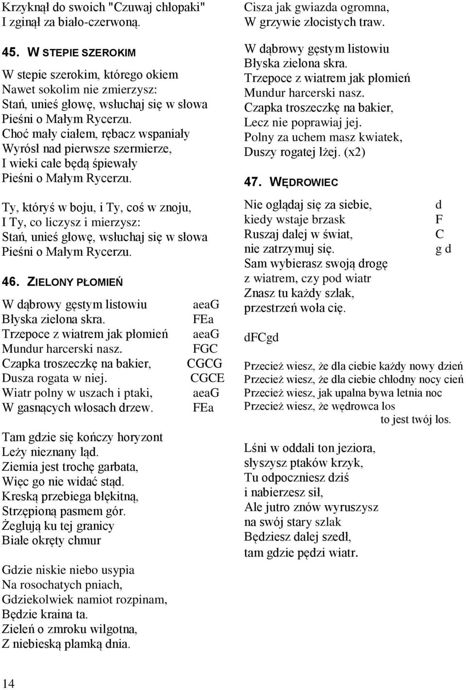 Choć mały ciałem, rębacz wspaniały Wyrósł nad pierwsze szermierze, I wieki całe będą śpiewały Pieśni o Małym Rycerzu.