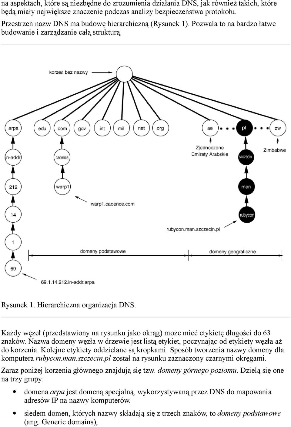 Każdy węzeł (przedstawiony na rysunku jako okrąg) może mieć etykietę długości do 63 znaków. Nazwa domeny węzła w drzewie jest listą etykiet, poczynając od etykiety węzła aż do korzenia.