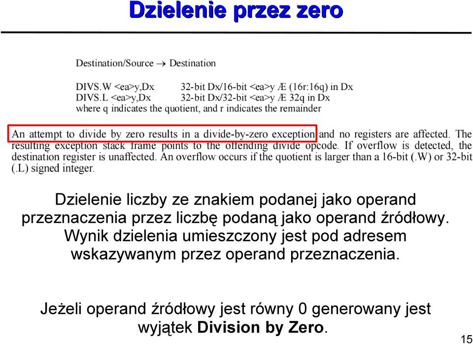 Wynik dzielenia umieszczony jest pod adresem wskazywanym przez operand