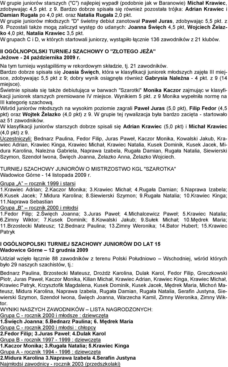 W grupie juniorów młodszych "D" świetny debiut zanotował Paweł Juras, zdobywając 5,5 pkt. z 9.