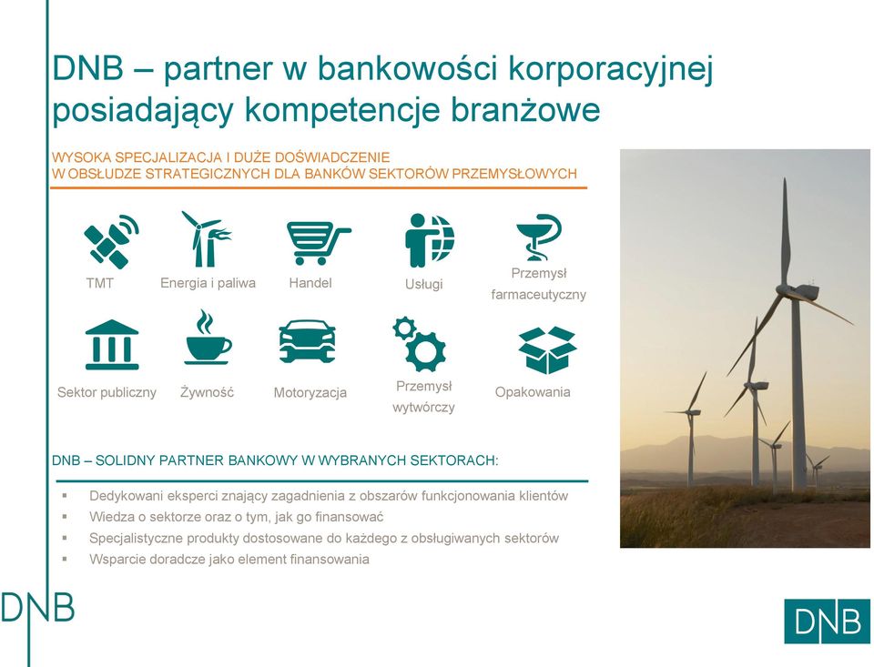 Opakowania DNB SOLIDNY PARTNER BANKOWY W WYBRANYCH SEKTORACH: Dedykowani eksperci znający zagadnienia z obszarów funkcjonowania klientów Wiedza o