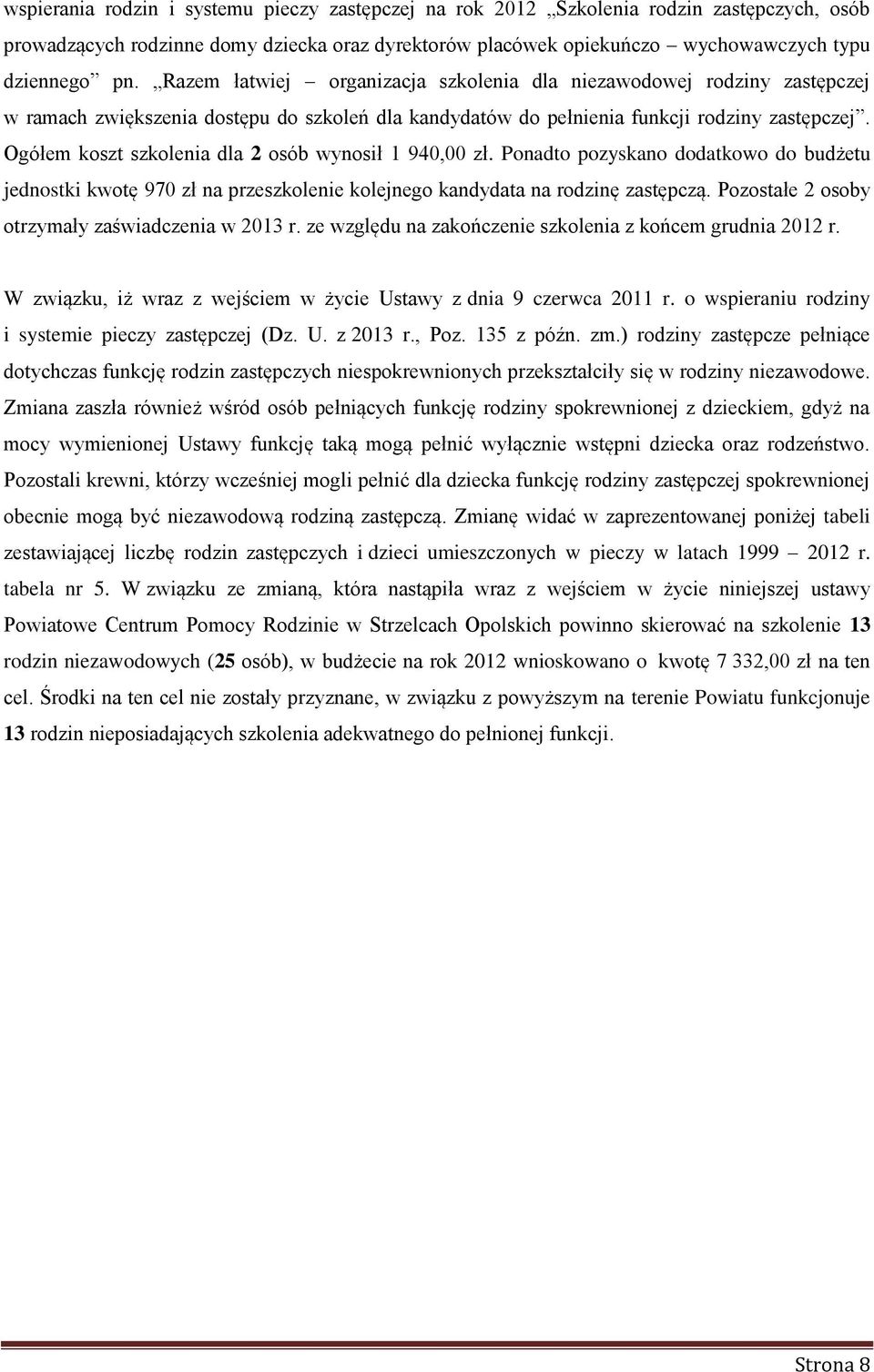 Ogółem koszt szkolenia dla 2 osób wynosił 1 940,00 zł. Ponadto pozyskano dodatkowo do budżetu jednostki kwotę 970 zł na przeszkolenie kolejnego kandydata na rodzinę zastępczą.