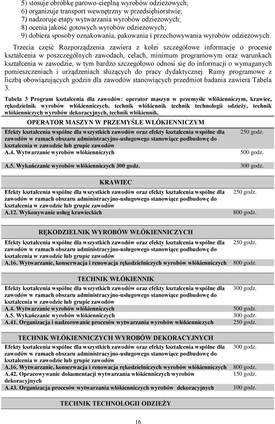 Trzecia część Rozporządzenia zawiera z kolei szczegółowe informacje o procesie kształcenia w poszczególnych zawodach, celach, minimum programowym oraz warunkach kształcenia w zawodzie, w tym bardzo