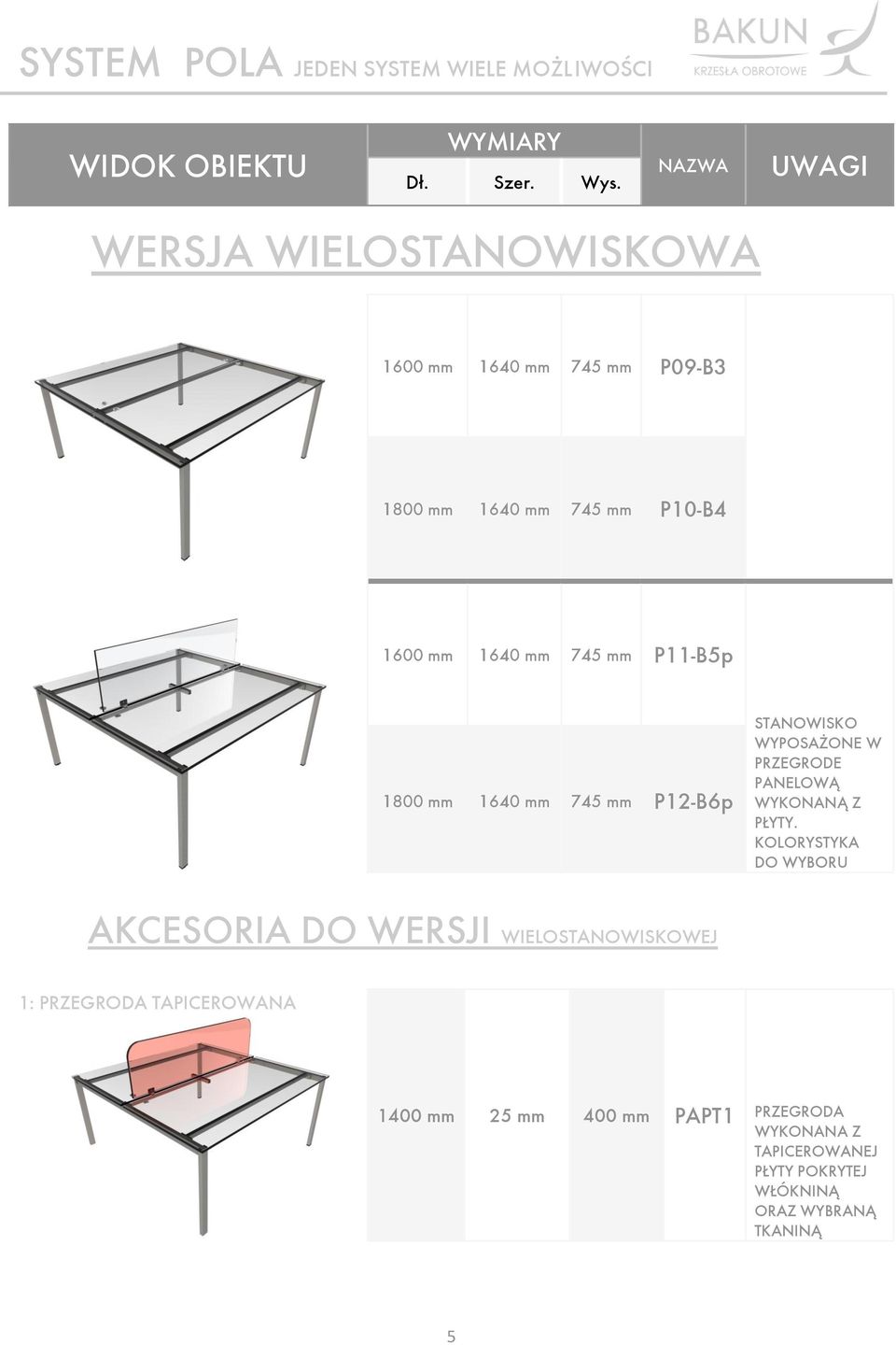 745 mm P11-B5p 1800 mm 1640 mm 745 mm P12-B6p STANOWISKO WYPOSAŻONE W PRZEGRODE PANELOWĄ WYKONANĄ Z PŁYTY.