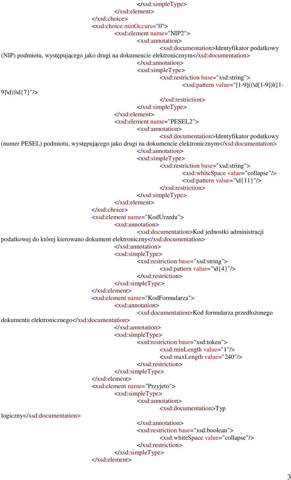 <xsd:element name="kodurzedu"> <xsd:documentation>kod jednostki administracji podatkowej do której kierowano dokument elektroniczny</xsd:documentation> <xsd:pattern value="\d{4}"/> <xsd:element