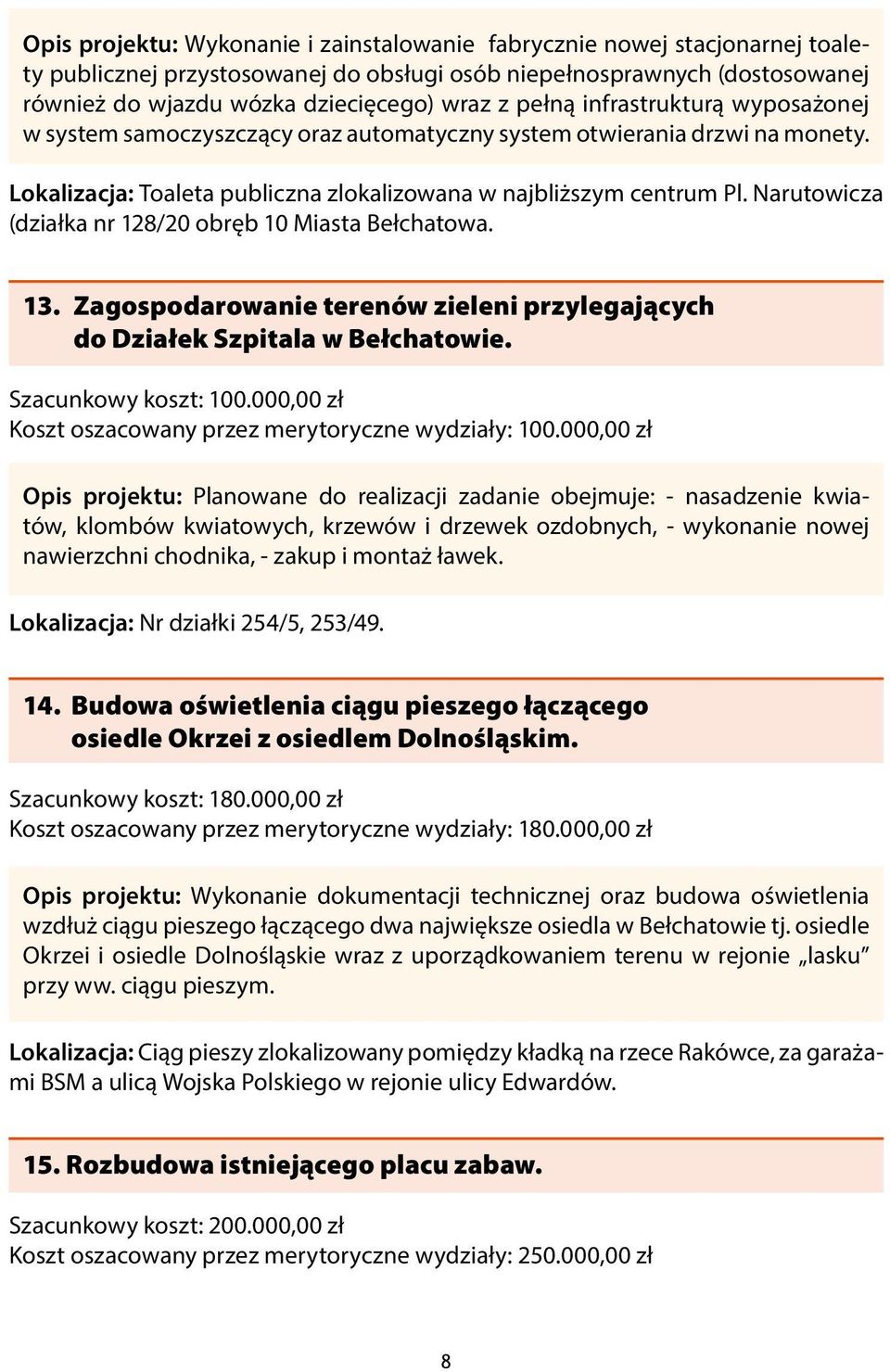 Narutowicza (działka nr 128/20 obręb 10 Miasta Bełchatowa. 13. Zagospodarowanie terenów zieleni przylegających do Działek Szpitala w Bełchatowie. Szacunkowy koszt: 100.