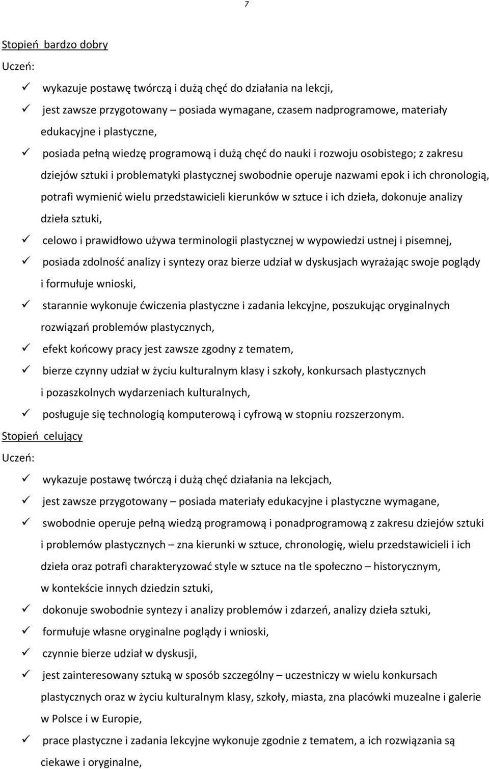 przedstawicieli kierunków w sztuce i ich dzieła, dokonuje analizy dzieła sztuki, celowo i prawidłowo używa terminologii plastycznej w wypowiedzi ustnej i pisemnej, posiada zdolność analizy i syntezy