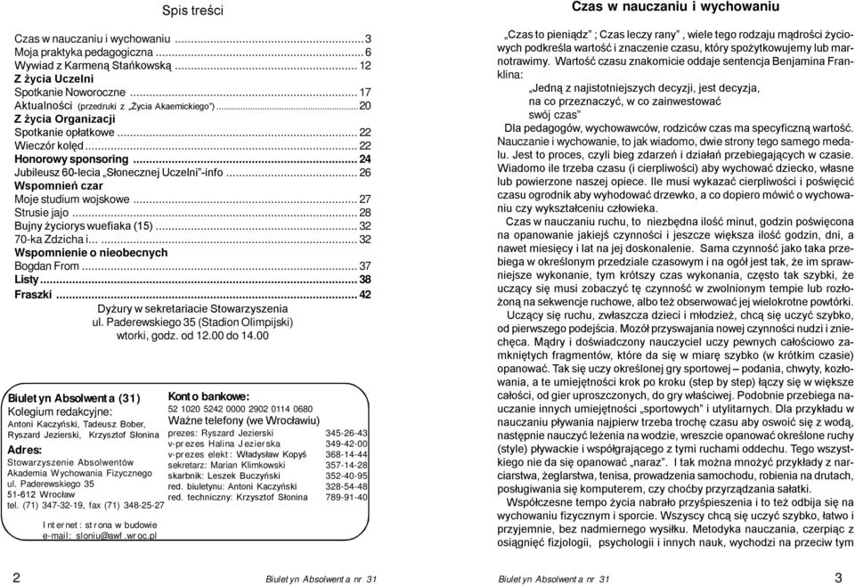 .. 27 Strusie jajo... 28 Bujny życiorys wuefiaka (15)... 32 70-ka Zdzicha i...... 32 Wspomnienie o nieobecnych Bogdan From... 37 Listy... 38 Fraszki... 42 Dyżury w sekretariacie Stowarzyszenia ul.