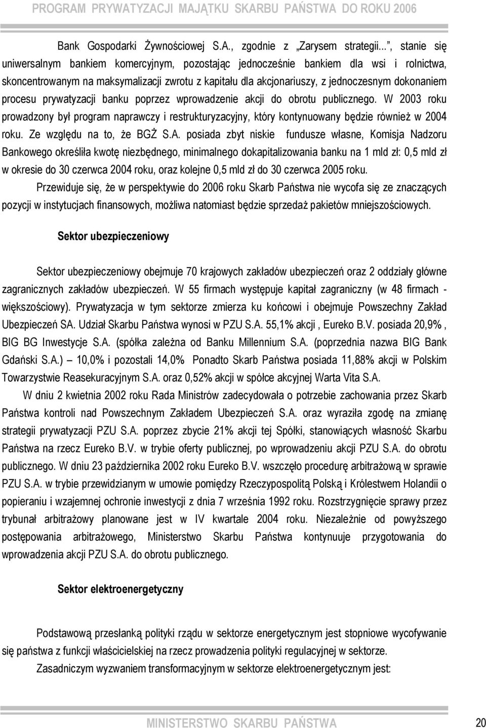 procesu prywatyzacji banku poprzez wprowadzenie akcji do obrotu publicznego. W 2003 roku prowadzony był program naprawczy i restrukturyzacyjny, który kontynuowany będzie również w 2004 roku.