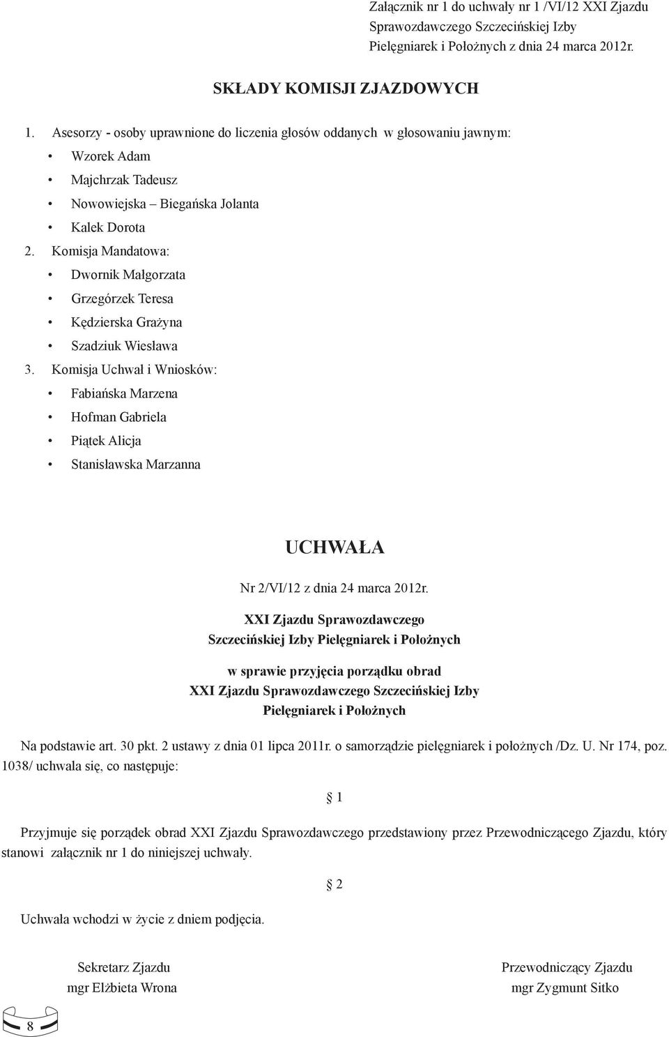 Komisja Mandatowa: Dwornik Małgorzata Grzegórzek Teresa Kędzierska Grażyna Szadziuk Wiesława 3.