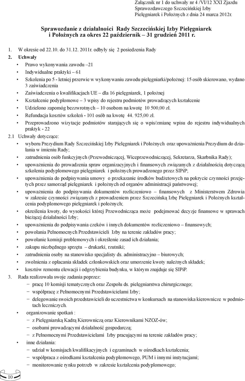 odbyły się 2 posiedzenia Rady Uchwały Prawo wykonywania zawodu 21 Indywidualne praktyki 61 Szkolenia po 5 - letniej przerwie w wykonywaniu zawodu pielęgniarki/położnej: 15 osób skierowano, wydano 3