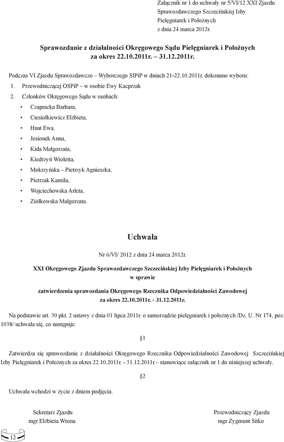 .10.2011r. 31.12.2011r. Podczas VI Zjazdu Sprawozdawczo Wyborczego SIPiP w dniach 21