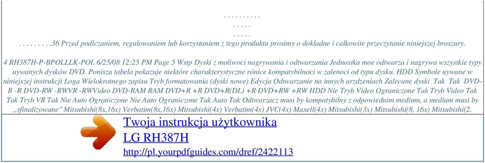 Ponisza tabela pokazuje niektóre charakterystyczne rónice kompatybilnoci w zalenoci od typu dysku.