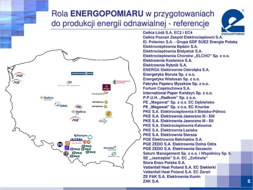 z o.o. Fabryka Papieru Myszków Sp. z o.o. Fortum Częstochowa S.A. International Paper Kwidzyn Sp. z o.o. P.P.U.H. Radkom Sp. z o.o. PE Megawat Sp. z o.o. EC Dębieńsko PE Megawat Sp. z o.o. EC Knurów PKE S.