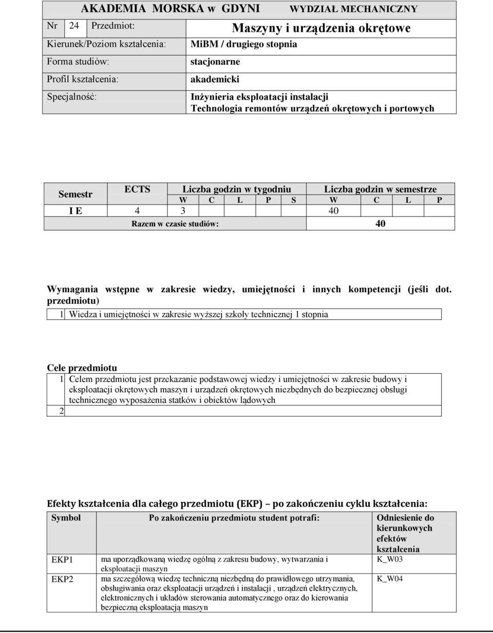 3 40 Razem w czasie studiów: 40 Wymagania wstępne w zakresie wiedzy, umiejętności i innych kompetencji (jeśli dot. przedmiotu) 1.