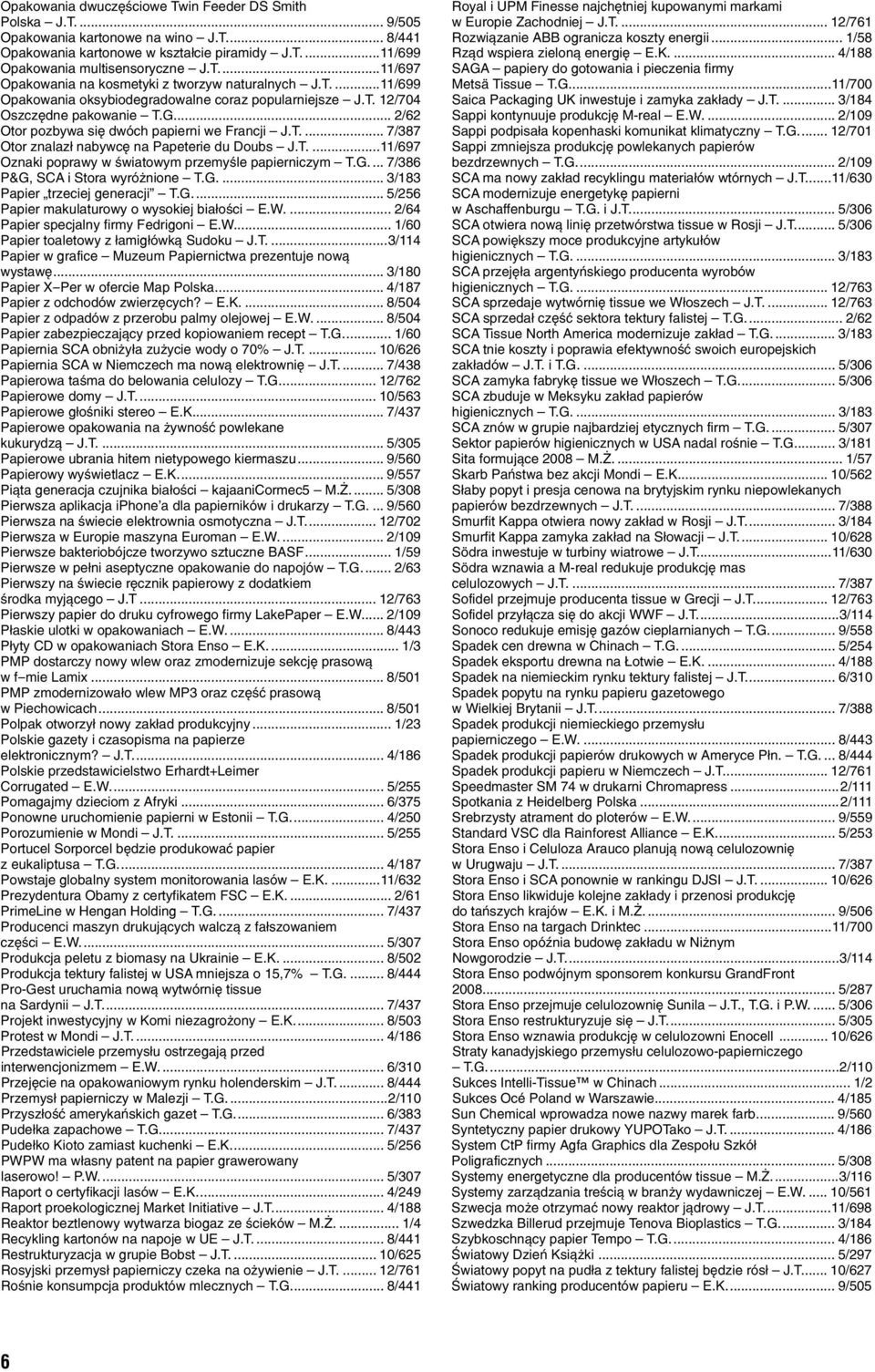 T...11/697 Oznaki poprawy w światowym przemyśle papierniczym T.G... 7/386 P&G, SCA i Stora wyróżnione T.G... 3/183 Papier trzeciej generacji T.G... 5/256 Papier makulaturowy o wysokiej białości E.W.