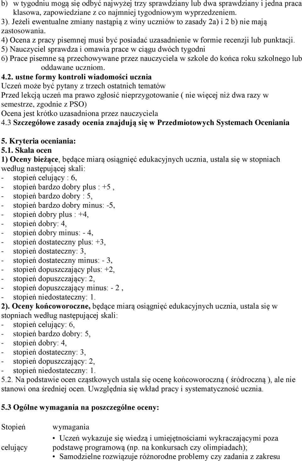 5) Nauczyciel sprawdza i omawia prace w ciągu dwóch tygodni 6) Prace pisemne są przechowywane przez nauczyciela w szkole do końca roku szkolnego lub oddawane uczniom. 4.2.