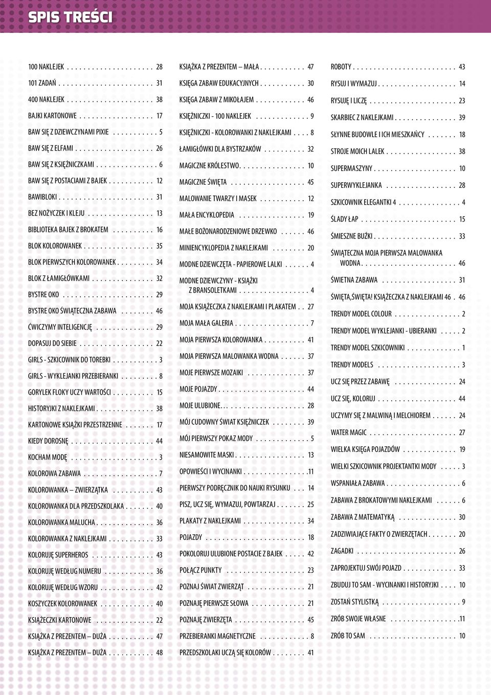 BIBLIOTEKA BAJEK Z BROKATEM 6 BLOK KOLOROWANEK 5 BLOK PIERWSZYCH KOLOROWANEK BLOK Z ŁAMIGŁÓWKAMI BYSTRE OKO 9 BYSTRE OKO ŚWIĄTECZNA ZABAWA 6 ĆWICZYMY INTELIGENCJĘ 9 DOPASUJ DO SIEBIE GIRLS -